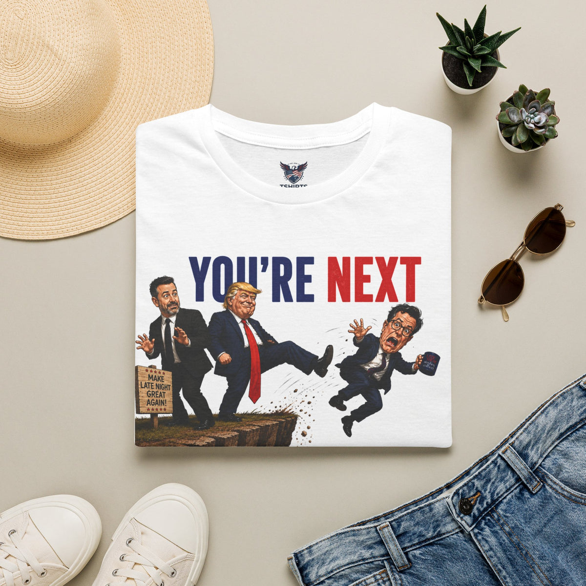 TRUMP "You’re Next Jimmy" political cartoon T-Shirt | Trump kicking Colbert caricature