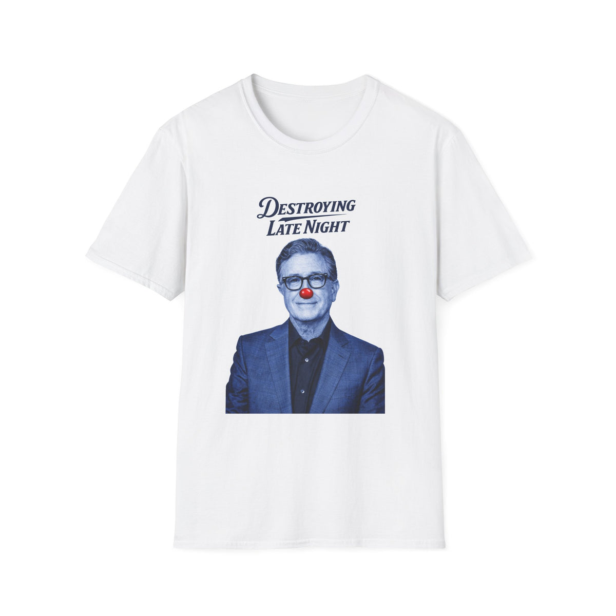 "Trump Patriot Shirt | America First T-Shirt | Conservative Republican Apparel | God Family Country Tee" | anti-woke tshirt | Destroying Late Night T-Shirt | Blue Portrait with Red Clown Nose