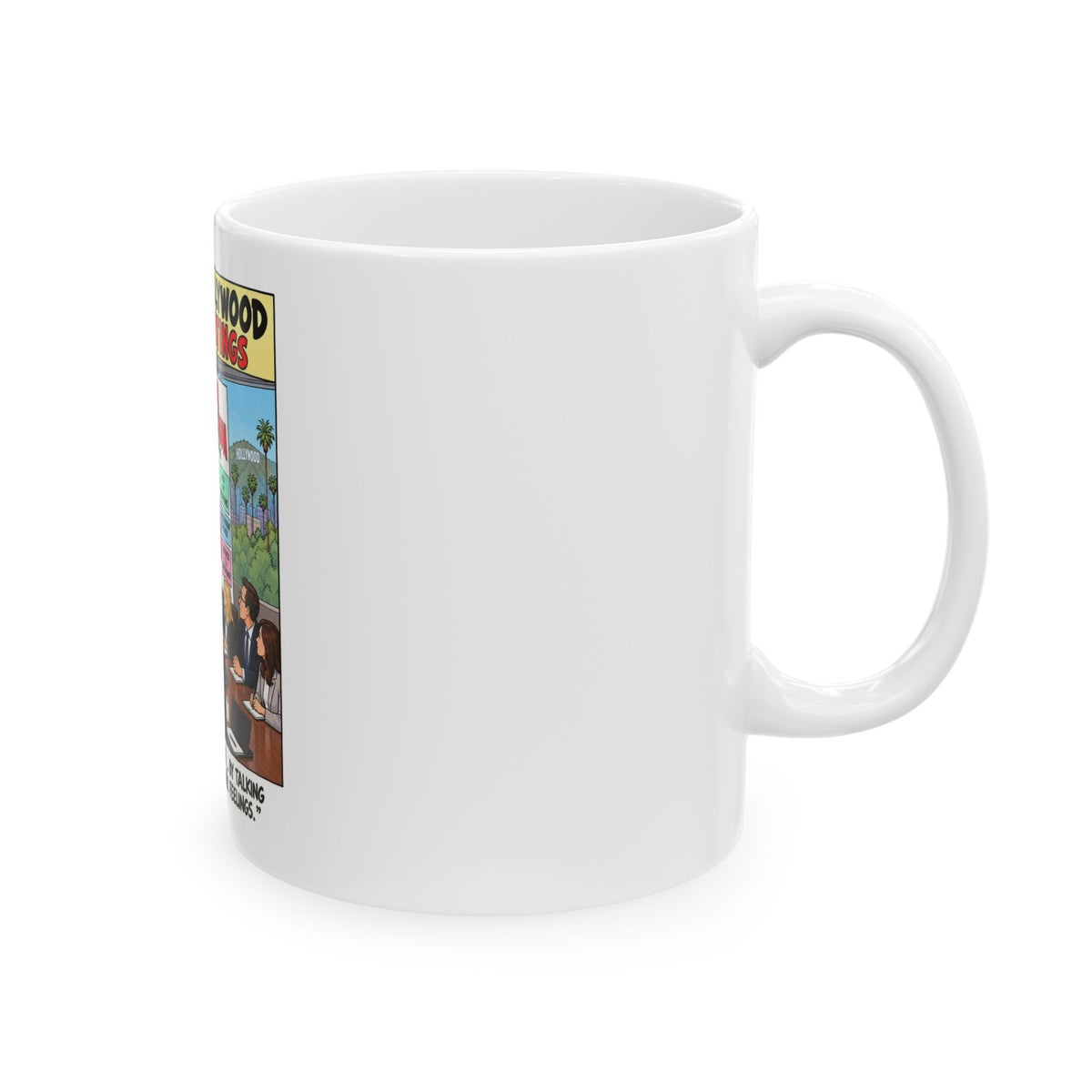 Modern Hollywood Pitch Meetings Cartoon Ceramic Mug – “Captain Consideration” Funny Office Coffee Cup