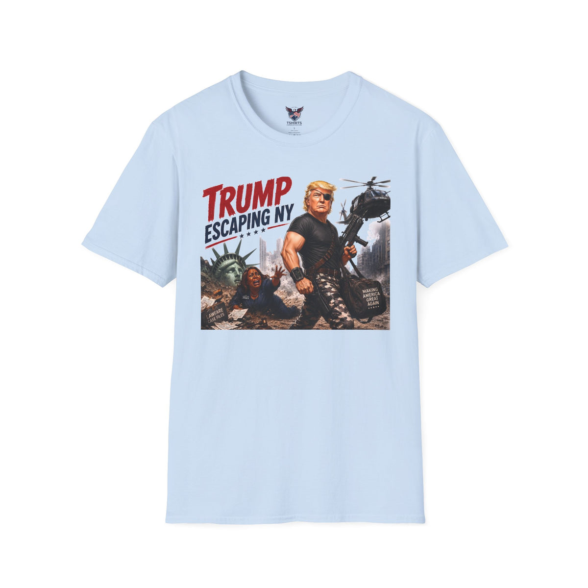 Retro 80s Action Hero Trump Parody Graphic Tee – Funny Conservative Political Satire T-Shirt