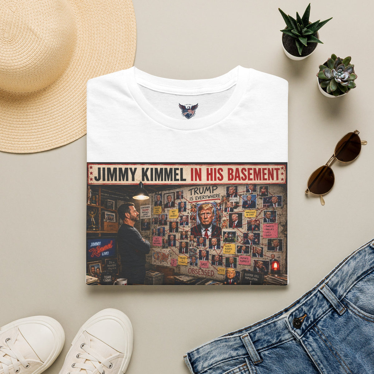 T-Shirt — "Jimmy Kimmel Obsessing Over Trump In His Basement" Political Satire Tee