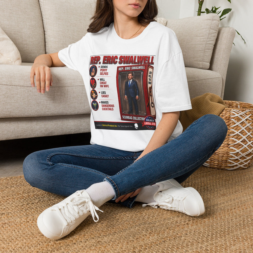 MAGA TRUMP Rep. Eric Swalwell action figure box art T-Shirt | Political parody tee