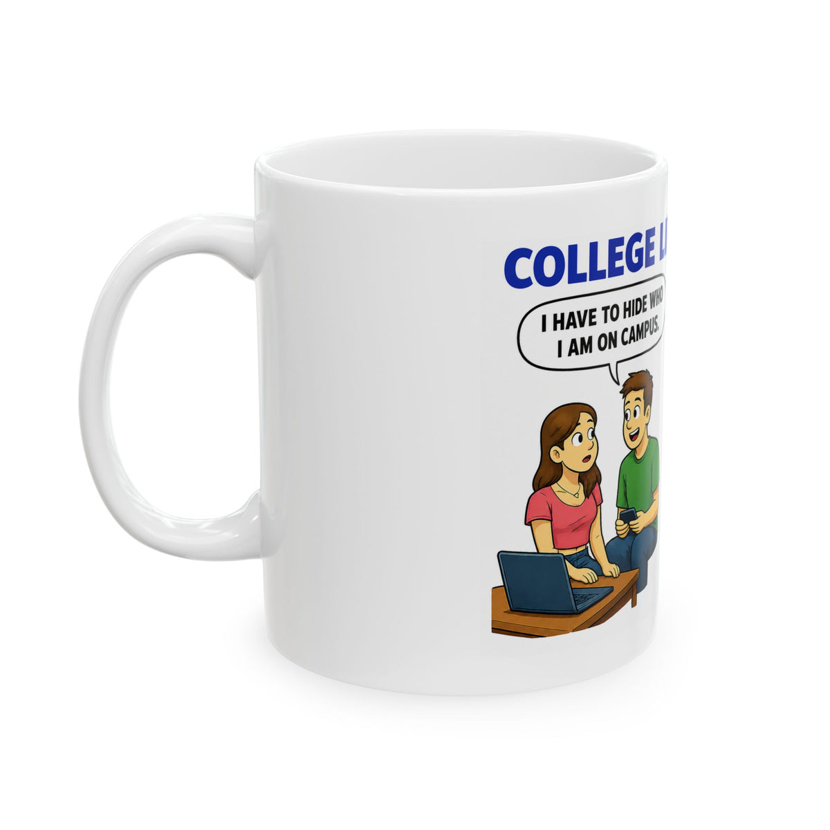 College Life Comic "In the Closet Republican" Mug | Illustrated campus conversation coffee mug