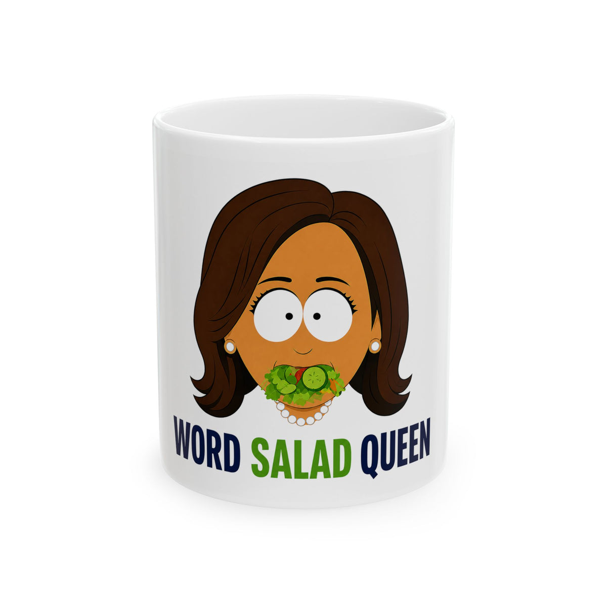 Word Salad Queen Mug | Funny Cartoon Woman Eating Salad, Ceramic Coffee Mug