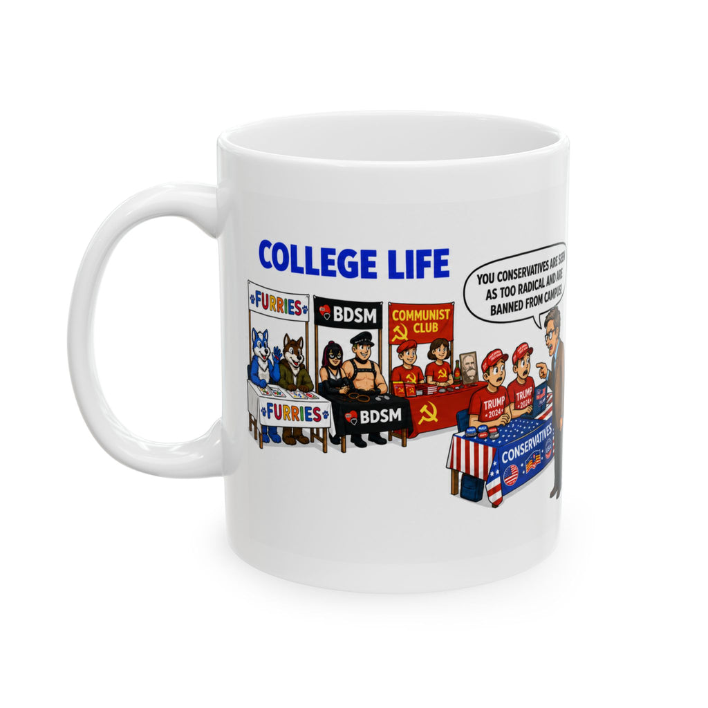 College Life Cartoon Ceramic Mug – Liberal Bias in Academia Humorous Campus Panels (11oz & 15oz)