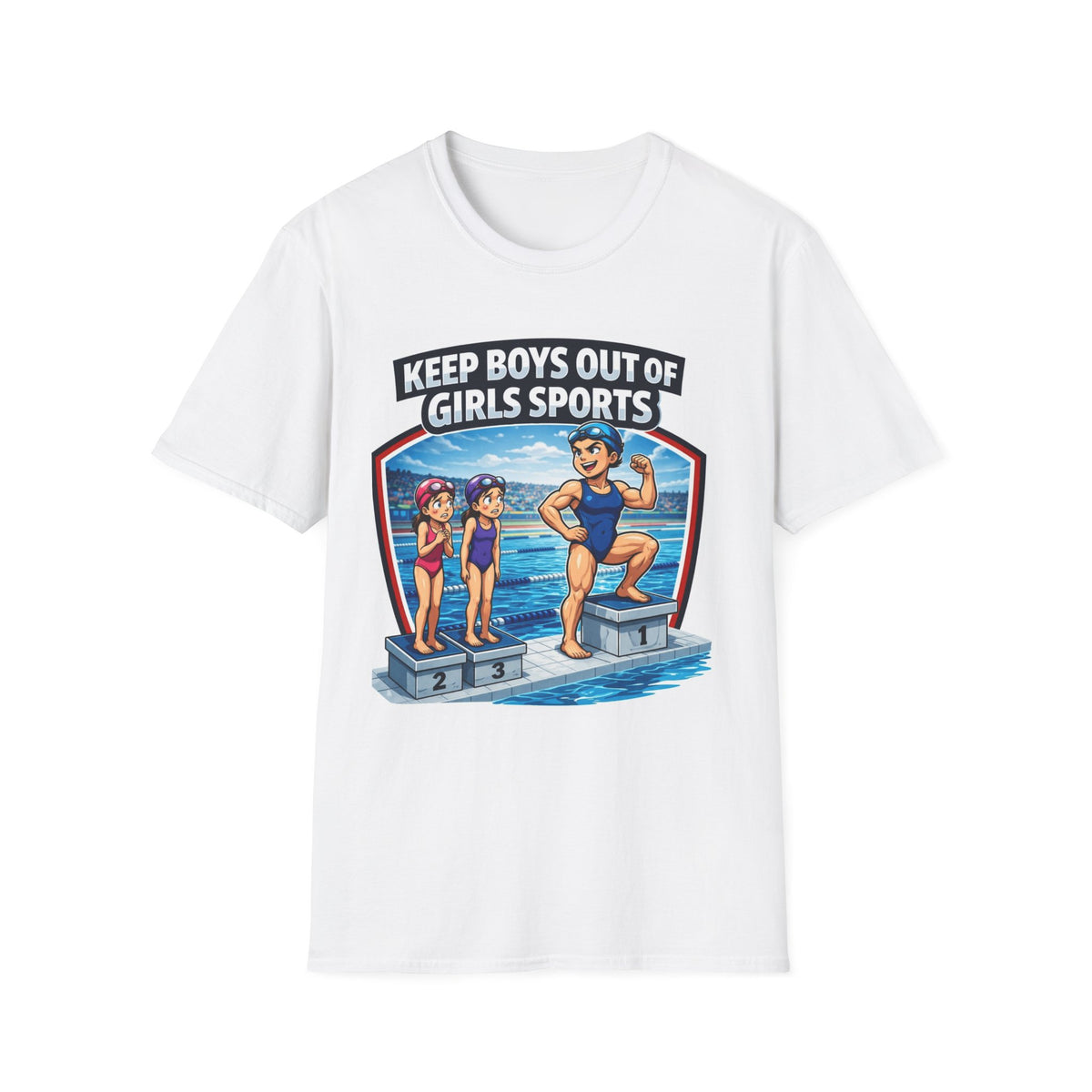 "Trump Patriot Shirt | America First T-Shirt | Conservative Republican Apparel | God Family Country Tee" | anti-woke tshirt | Keep Boys Out of Girls Sports T-Shirt | Swimming Podium Illustration
