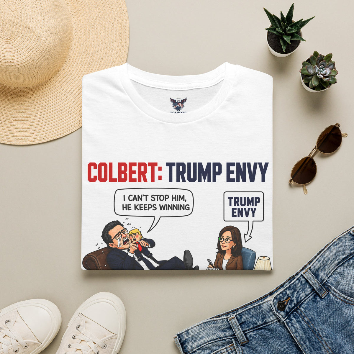 "Trump Patriot Shirt | America First T-Shirt | Conservative Republican Apparel | God Family Country Tee" |Stephen Colbert cartoon T-Shirt