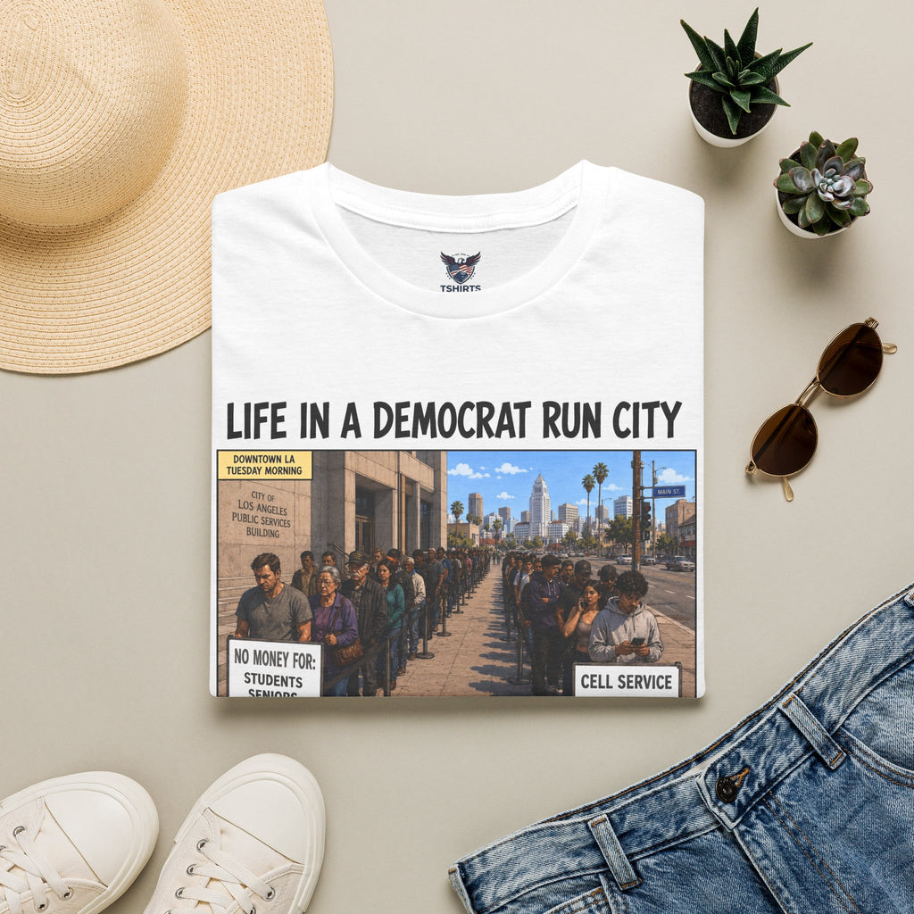 "Trump Patriot Shirt | America First T-Shirt | Conservative Republican Apparel | God Family Country Tee" | anti-woke tshirt | Life in a Democrat Run City T-Shirt | Political Satire, Protest Sign...