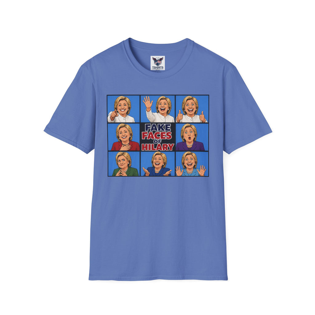 Political Parody T-Shirt — "Fake Faces of Hilary" Graphic Tee