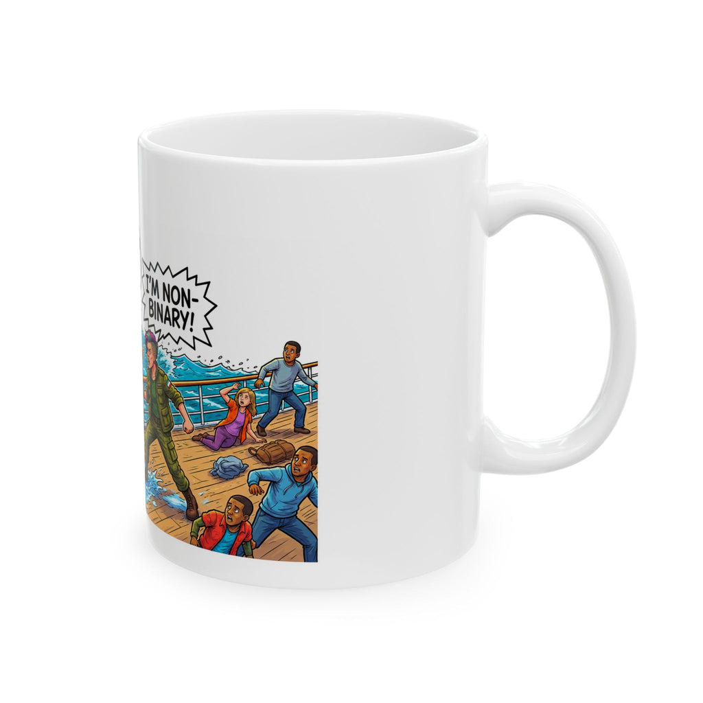 Ceramic Mug  Humorous Women and Children First Im NonBinary Cartoon Rescue Scene Maga Mug