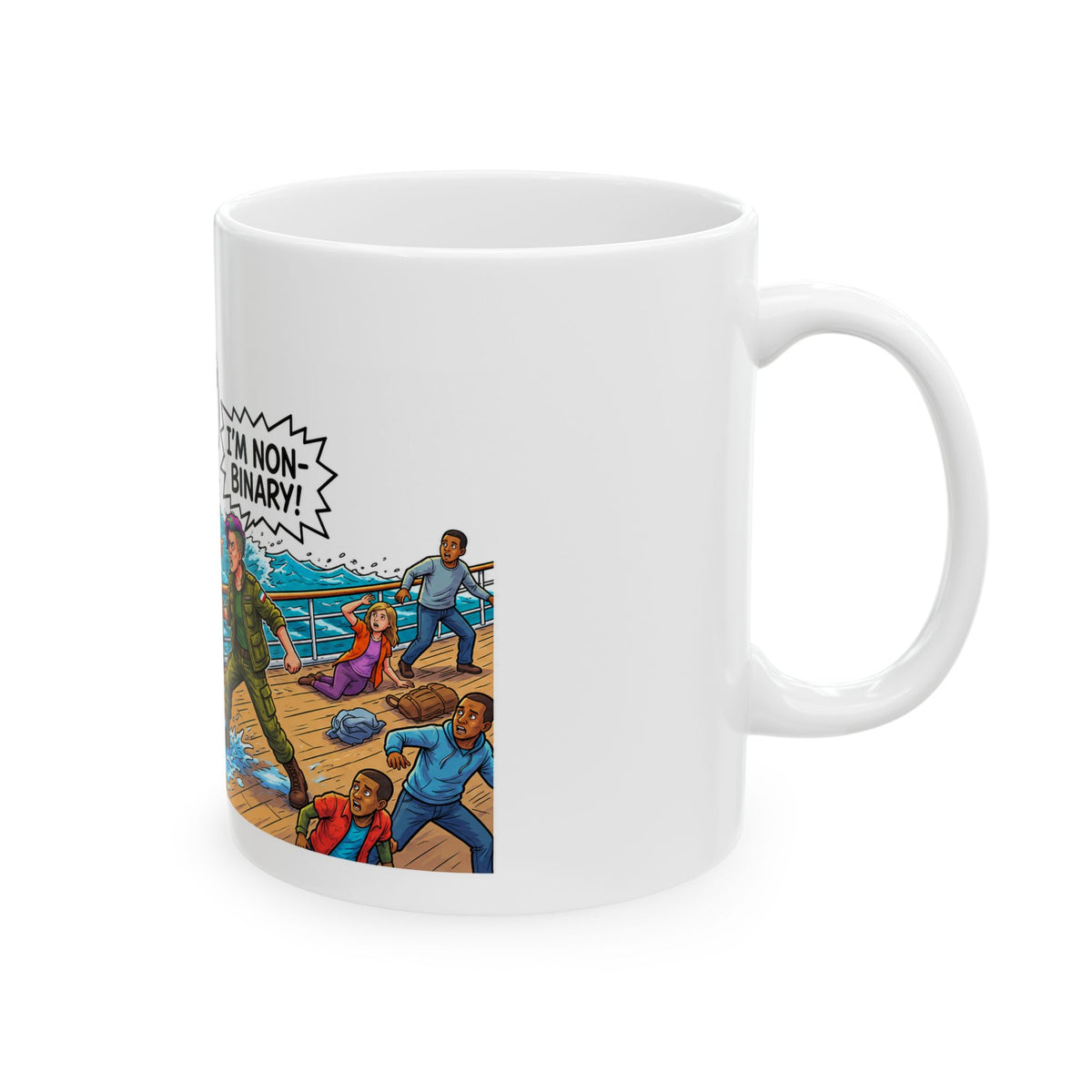 Ceramic Mug  Humorous Women and Children First Im NonBinary Cartoon Rescue Scene Maga Mug