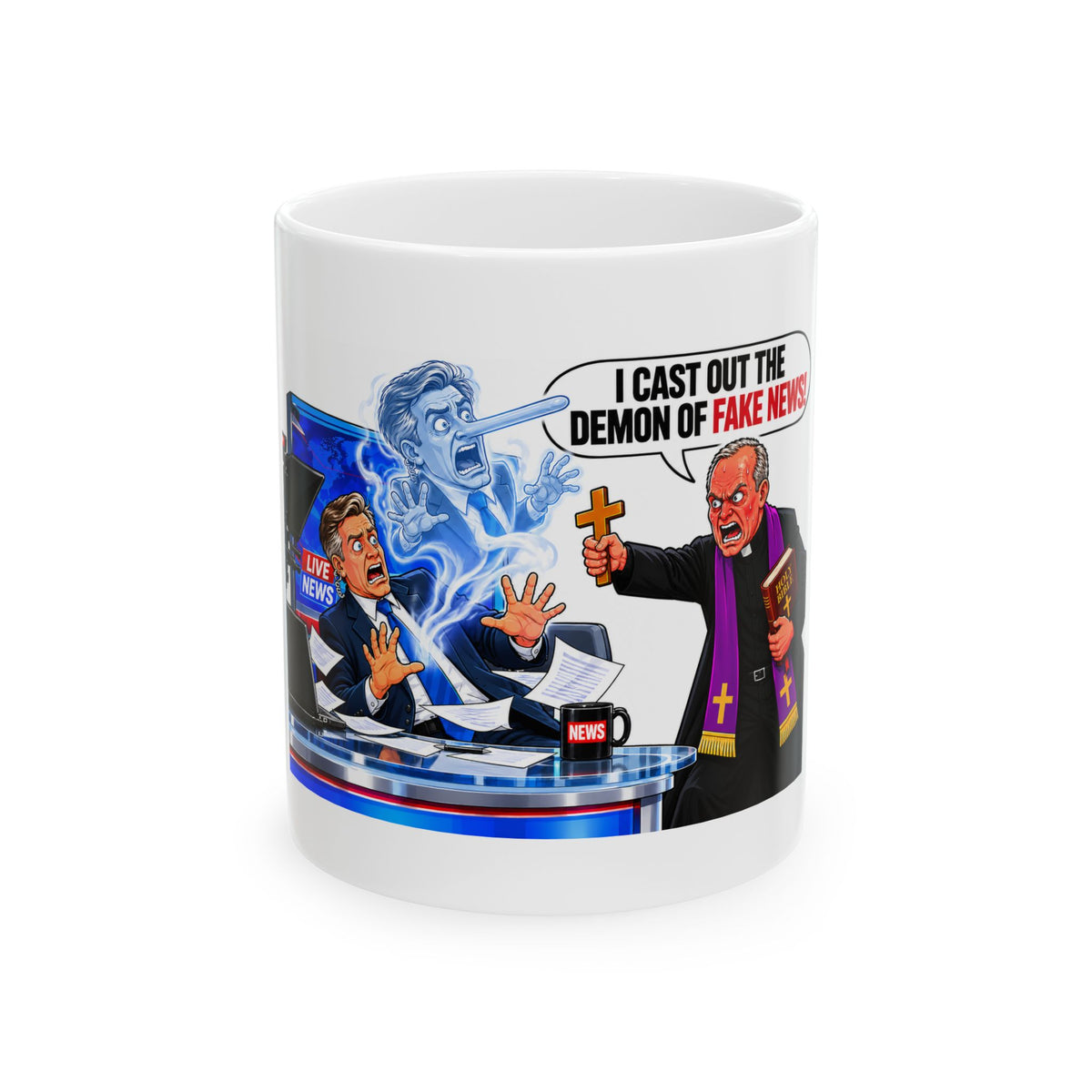 Ceramic Mug — 'I Cast Out the Demon of Fake News' Political Satire Coffee Mug (11oz/15oz)