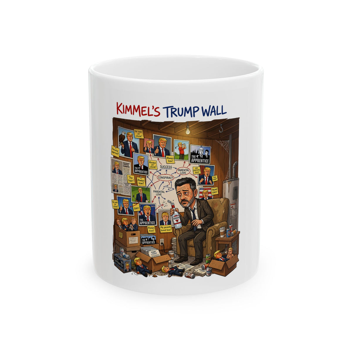 Conspiracy Board Featuring Kimmel and Trump Cartoon Mug | 11oz 15oz Ceramic