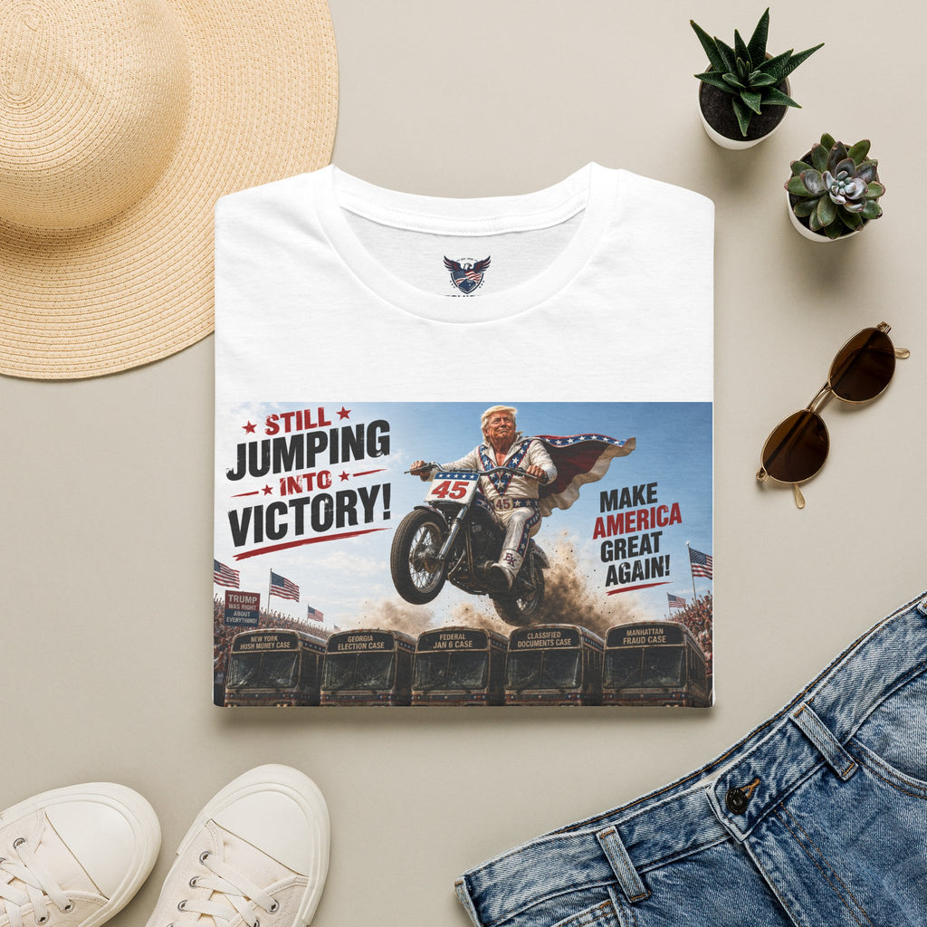 Graphic T-Shirt — "Still Jumping into Victory! Make America Great Again" Motorcycle Design