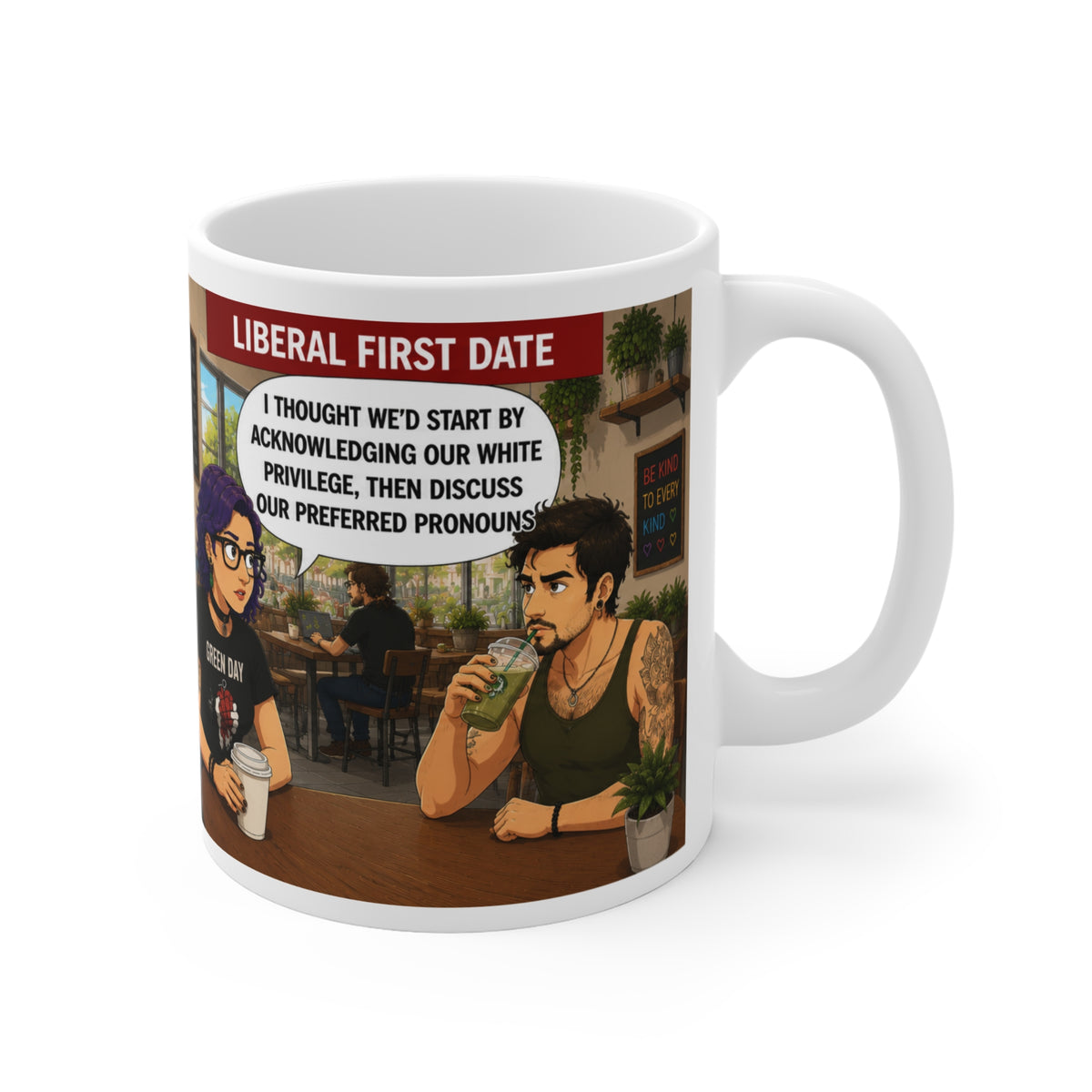 Conservative vs Liberal First Date Comic Mug — Funny Political Cartoon 11oz