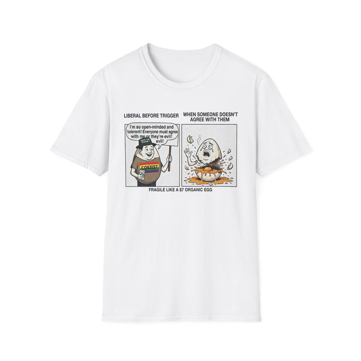 Political Cartoon Comic Strip T-Shirt | Liberal vs Fragile Egg Graphic Tee