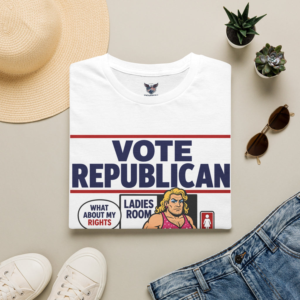 Vote Republican T‑Shirt — Political Patriotic Graphic Tee with 'Ladies Room' Cartoon