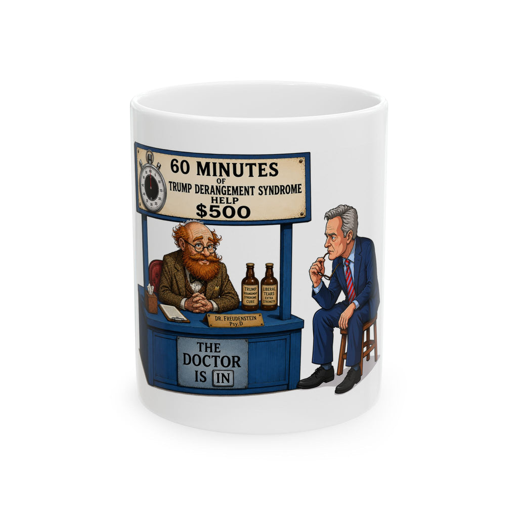 "60 Minutes" of Trump Derangement Syndrome Therapy cartoon Mug | Political satire ceramic mug