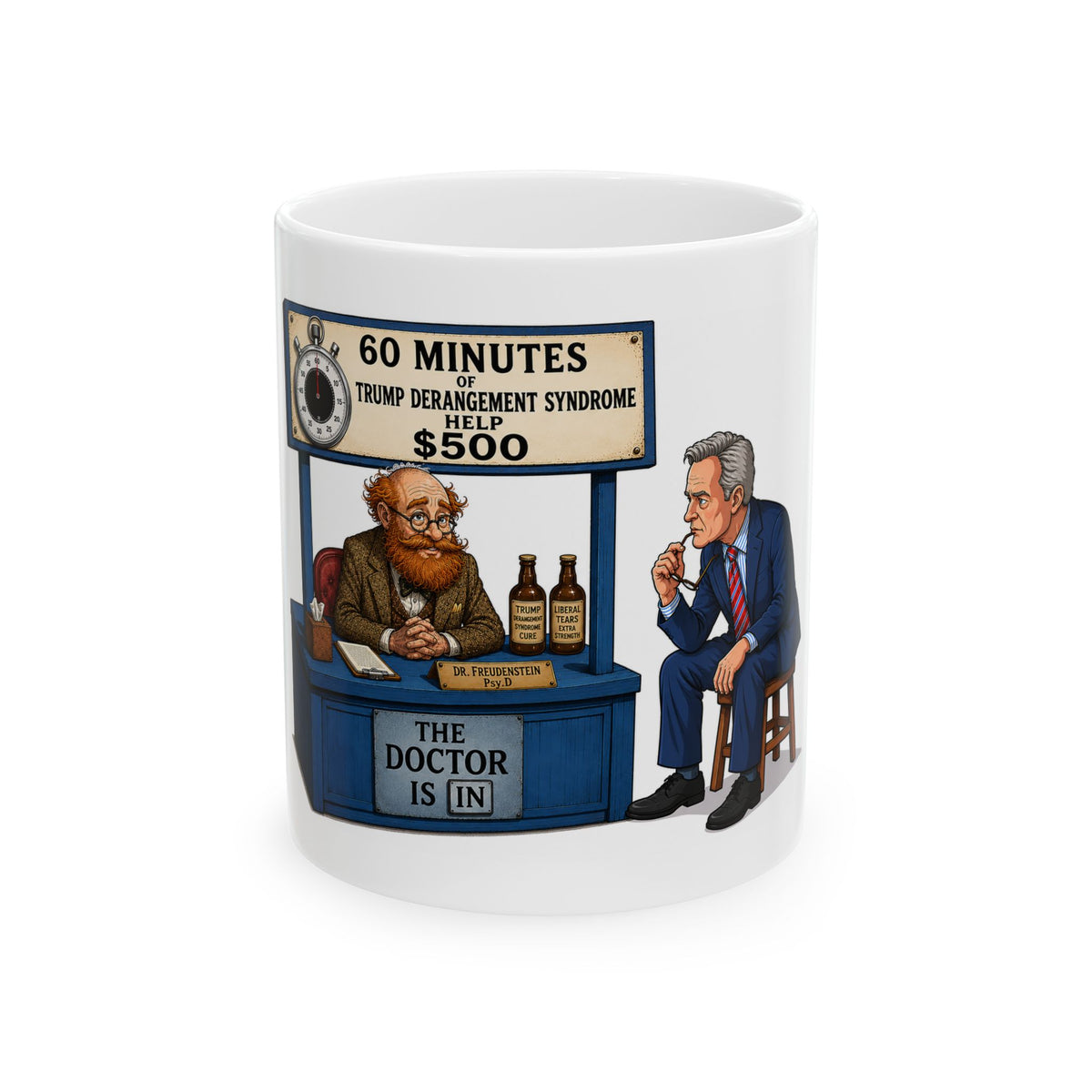 "60 Minutes" of Trump Derangement Syndrome Therapy cartoon Mug | Political satire ceramic mug