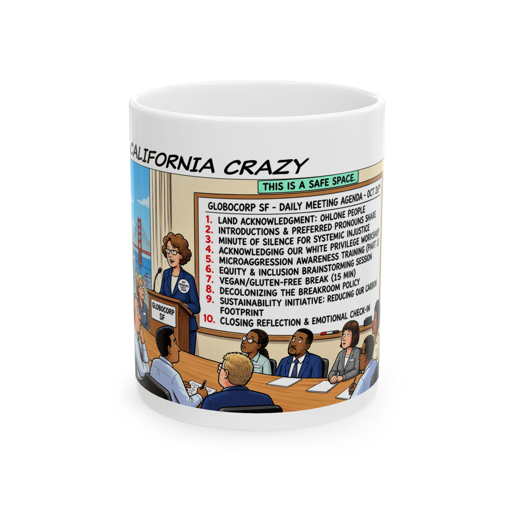 Humorous Corporate Meeting Mug — California Crazy 'Daily Meeting Agenda' Cartoon Ceramic Coffee Cup