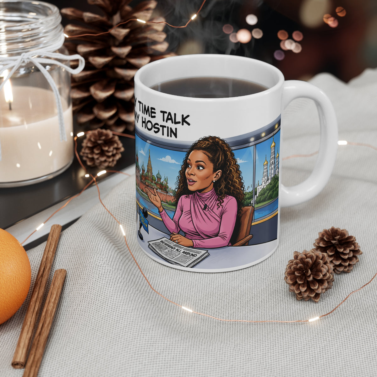 SUNY HOSTIN SATIRE MUG Political Cartoon Coffee Mug — “Putin’s Favorite Daytime Talk Show Host: Sunny Hostin” 11oz