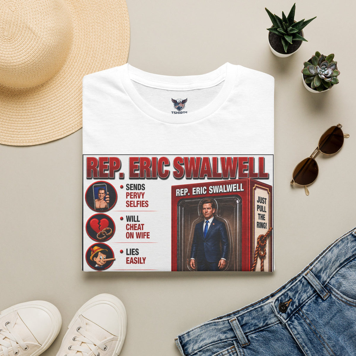 "Trump Patriot Shirt | America First T-Shirt | Conservative Republican Apparel | God Family Country Tee" | anti-woke tshirt | Rep. Eric Swalwell action figure box art T-Shirt | Political parody tee