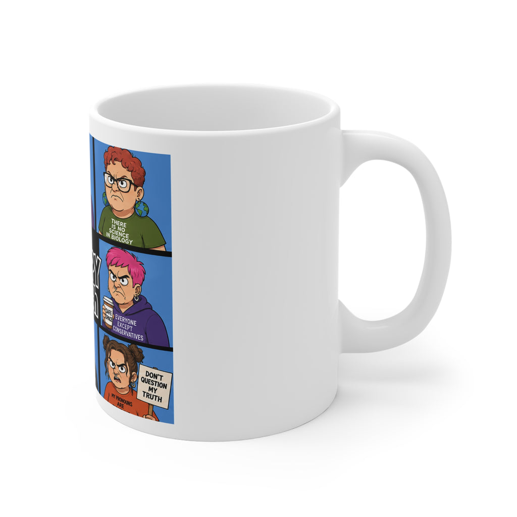 The Grumpy Bunch Satirical Coffee Mug – Funny Anti-Woke Political Humor Novelty Cup, Sarcastic Cartoon Parody Gift