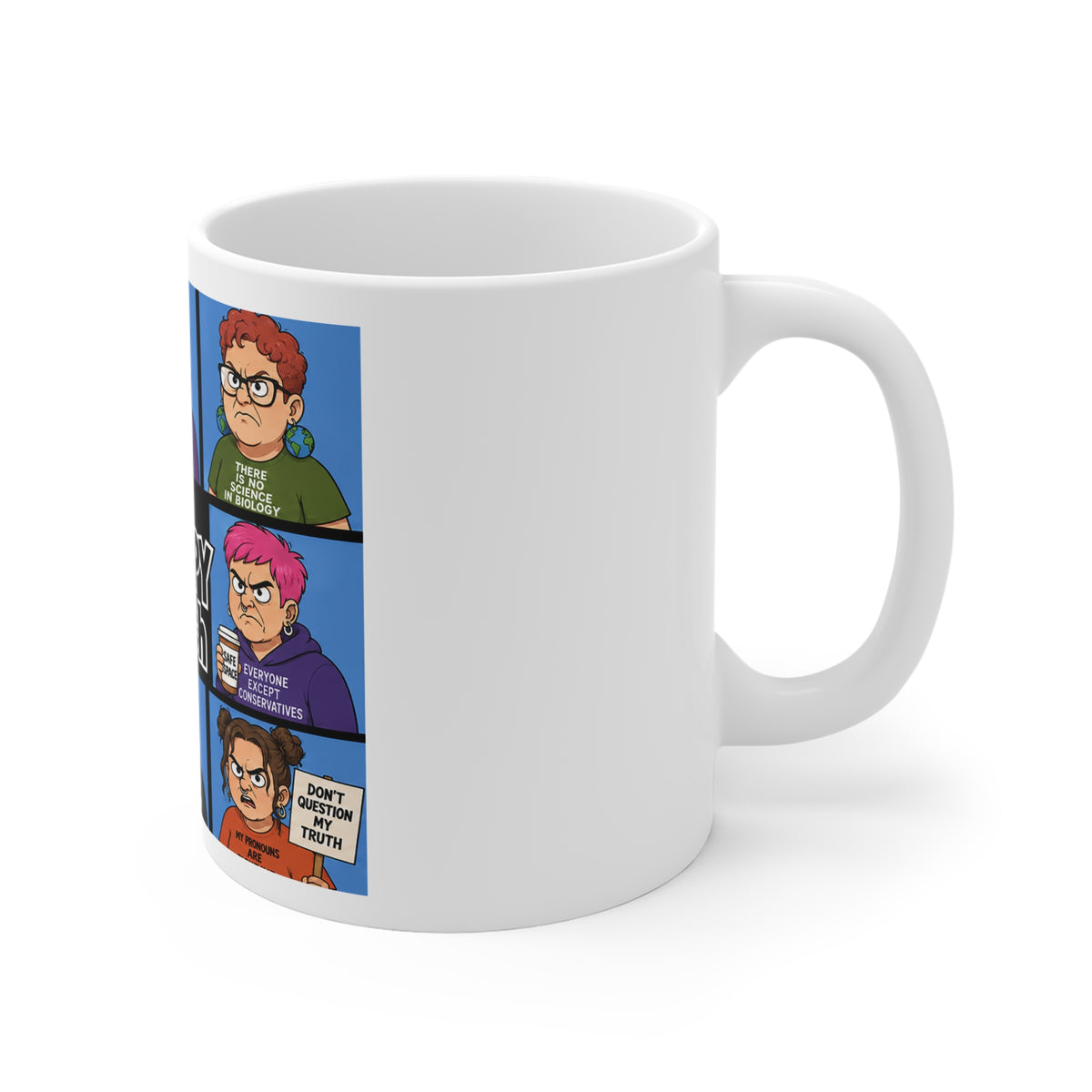 The Grumpy Bunch Satirical Coffee Mug – Funny Anti-Woke Political Humor Novelty Cup, Sarcastic Cartoon Parody Gift
