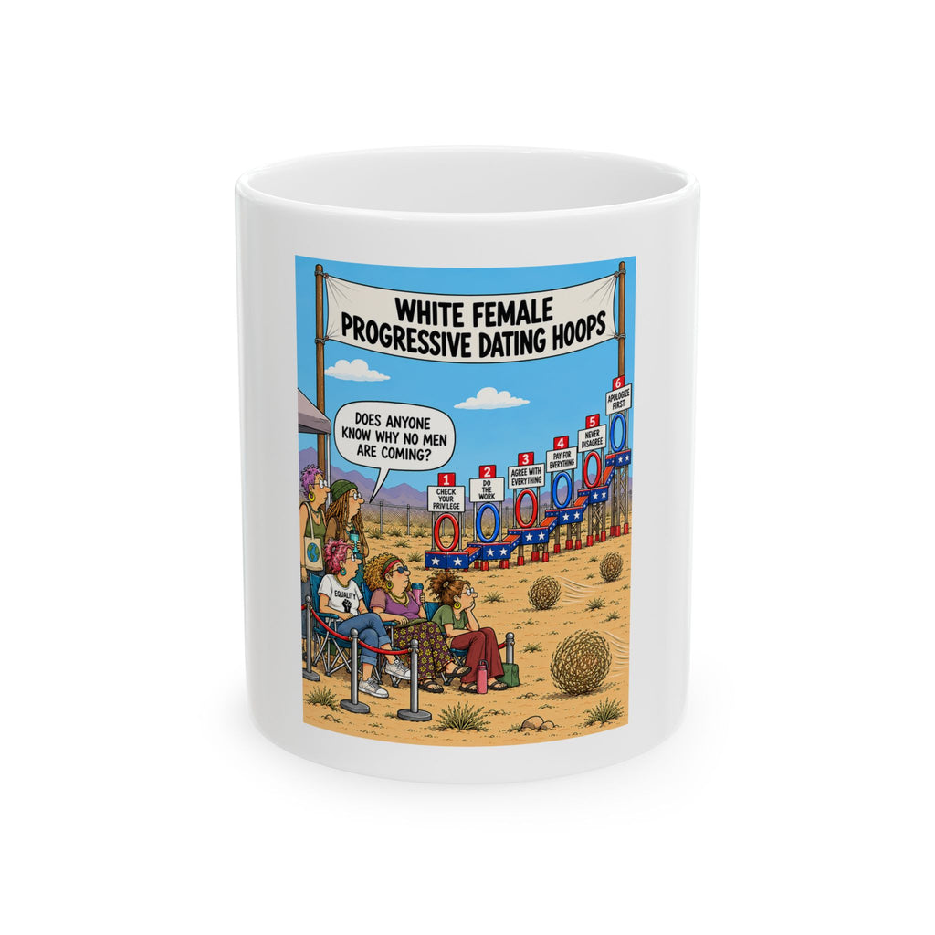 Coffee Mug — "White Female Progressive Dating Hoops" Humorous Political Cartoon Ceramic Mug (11oz/15oz)