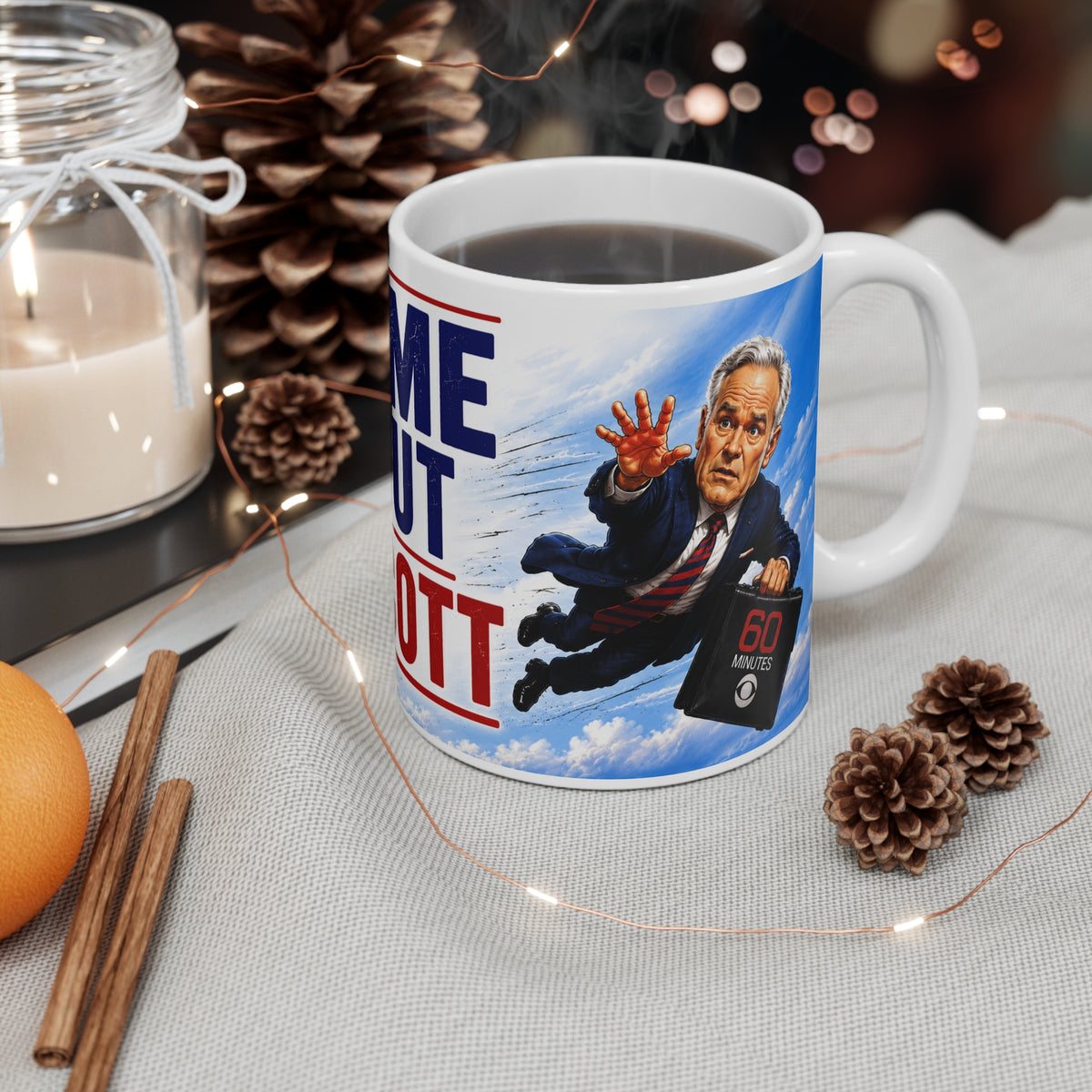 SCOTT PELLEY OUT AT 60 MINUTES Mug — "Time Out Scott" Political Satire Coffee Mug (Trump Kicking Off Cliff)