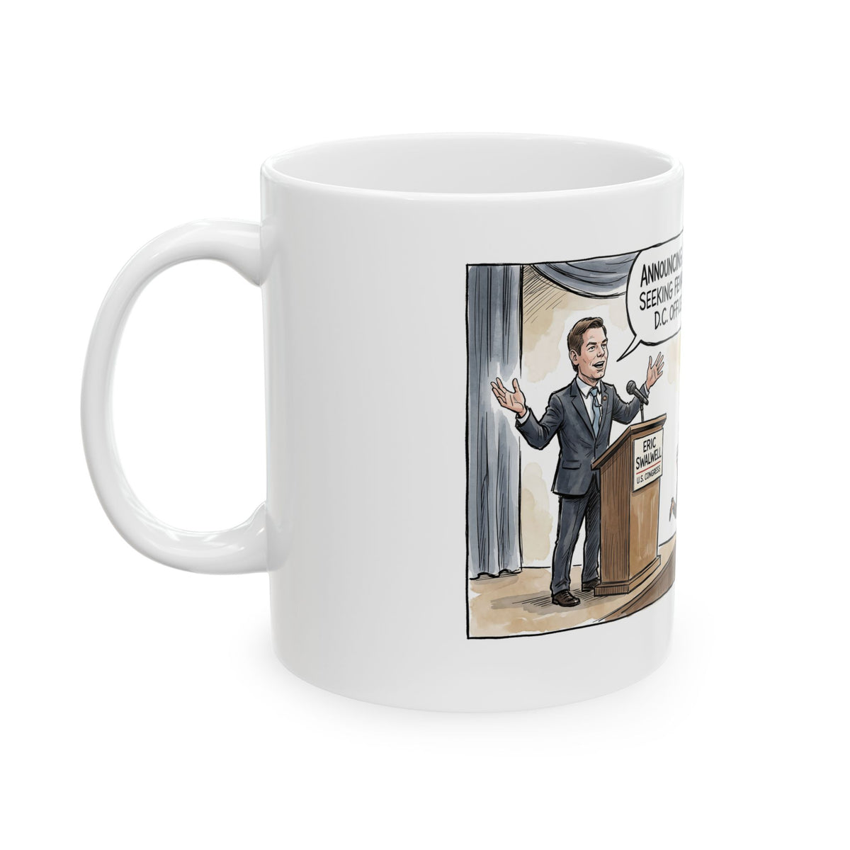 Eric Swalwell Intern Announcement Sparks Panic Cartoon Mug | Political Satire Coffee Cup