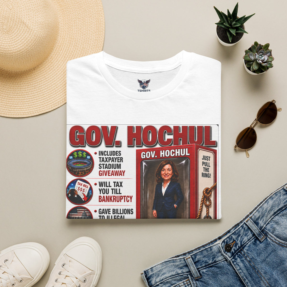 TRUMP CONSERVATIVE MAGA REPUBLICAN Gov. Hochul Action Figure Toy Box T-Shirt | Political Commentary Tee