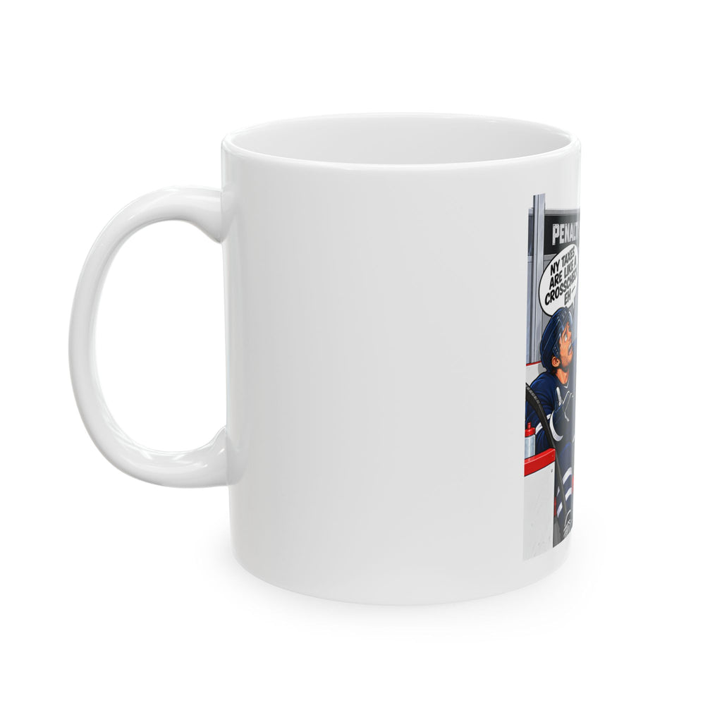 Hockey Player Gets Crosschecked By NY Taxes Mug – Funny "My Taxes Are Like a Crosscheck" Tax Bill Design (11oz/15oz)