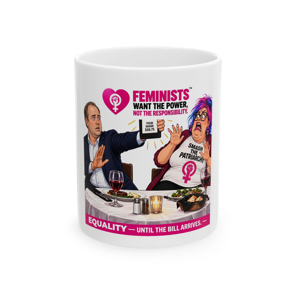 Ceramic Mug — "Feminists Want the Power, Not the Responsibility" Repelled by Paying Their Share Satirical Political Coffee Cup