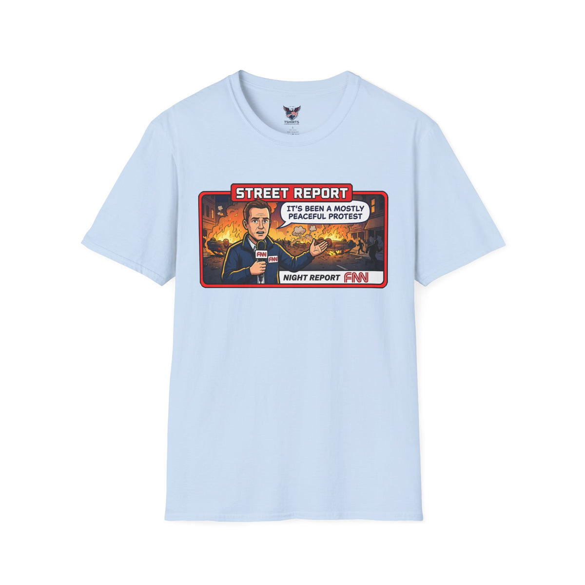 Light Blue Fake News Street Report News Anchor Graphic T-Shirt | Protest Riot Illustration