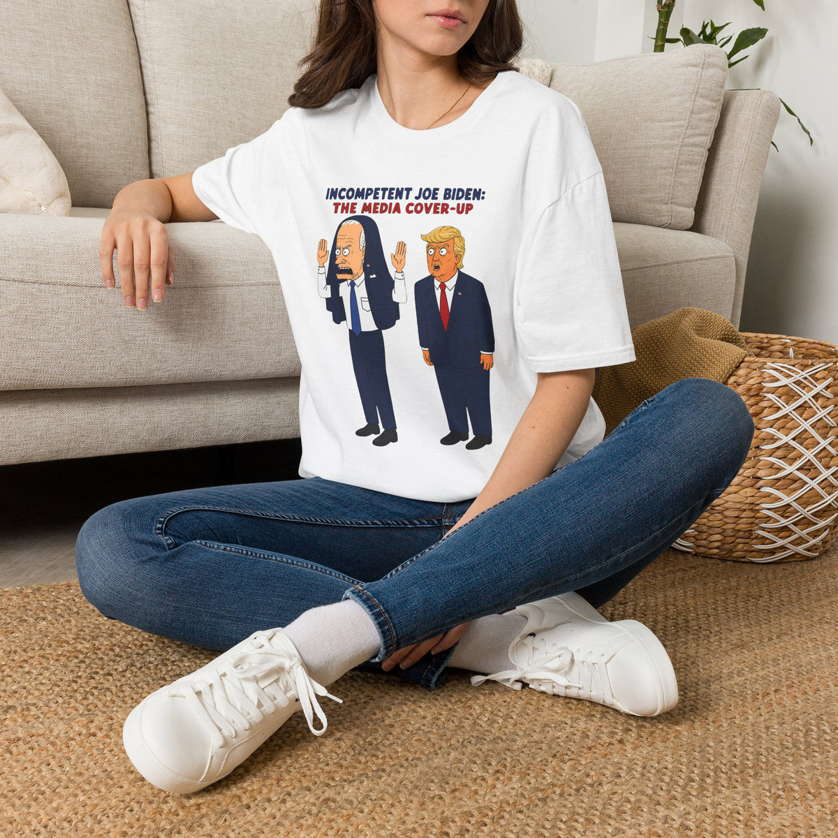 Political Cartoon T-Shirt — "Incompetent Joe Biden? The Media Cover-Up" Graphic Tee