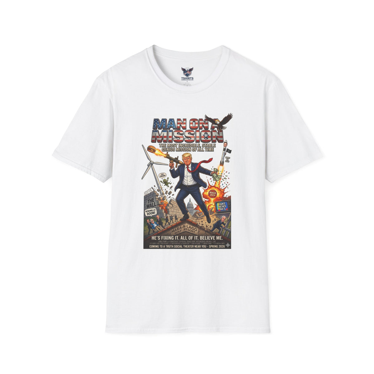 Political Graphic T-Shirt — "Man On A Mission" Patriotic Trump Illustration