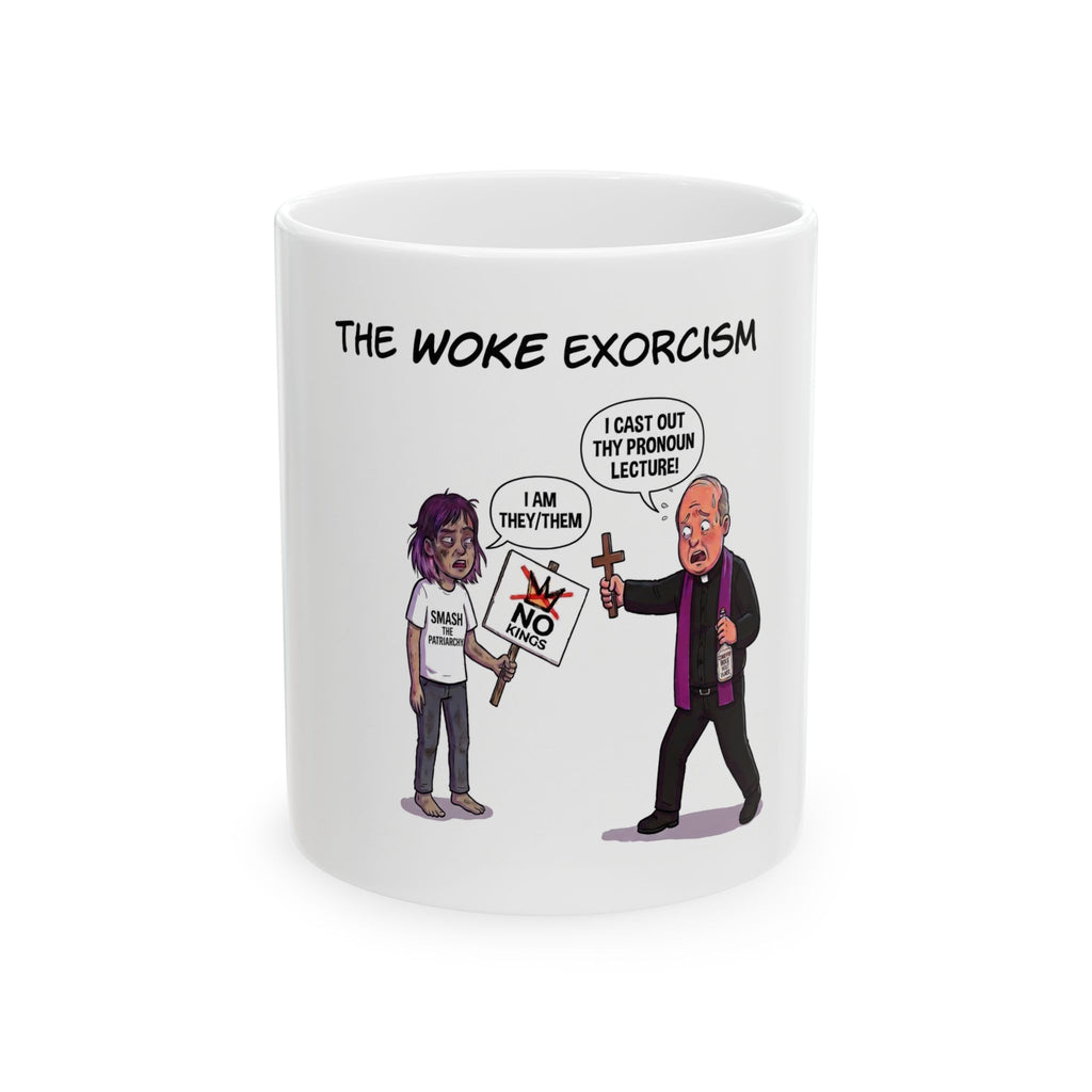 The Pronoun Exorcism Ceramic Mug — Funny Political Satire Coffee Cup (11oz/15oz)