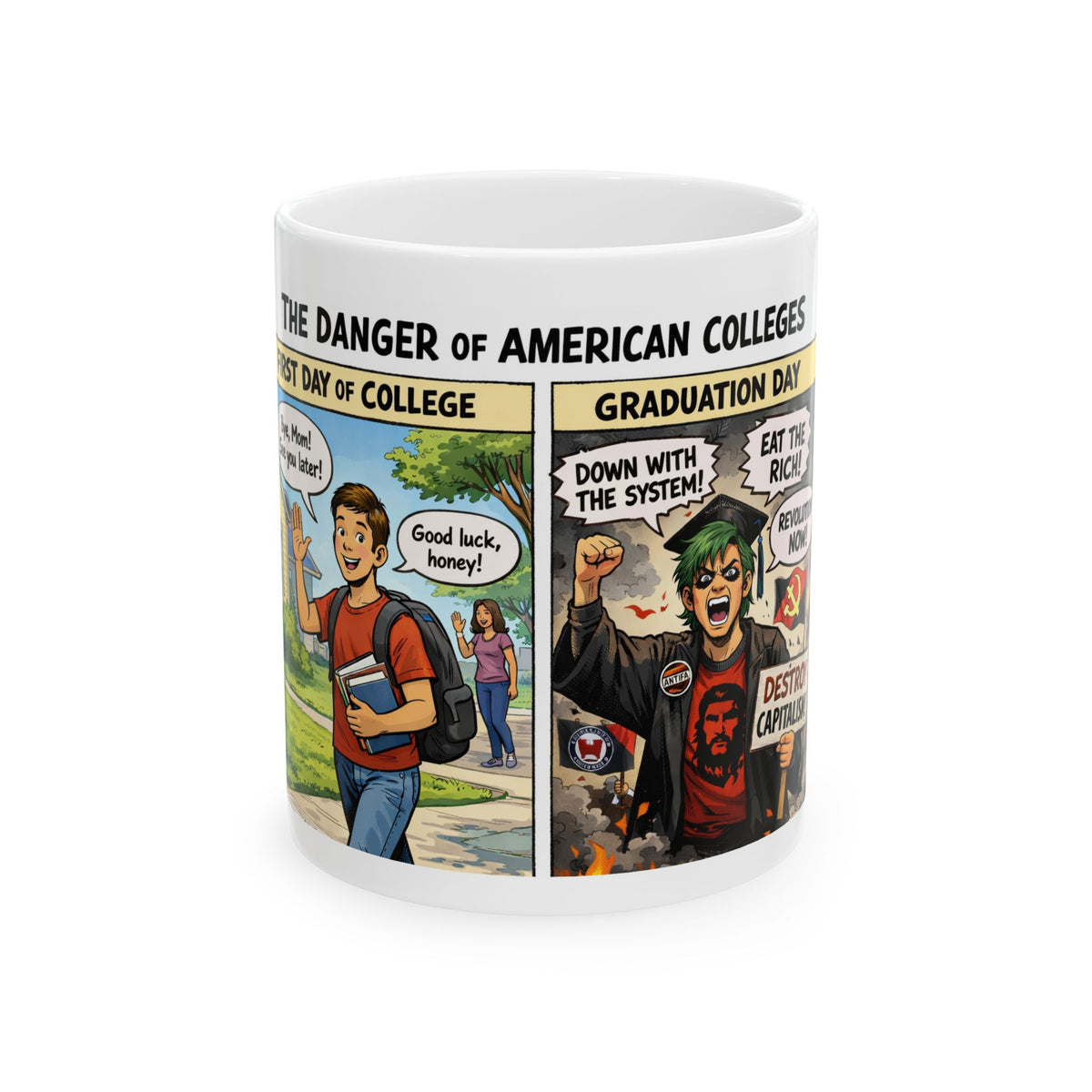 The Danger of American Colleges Comic Strip Mug | Ceramic Coffee Cup