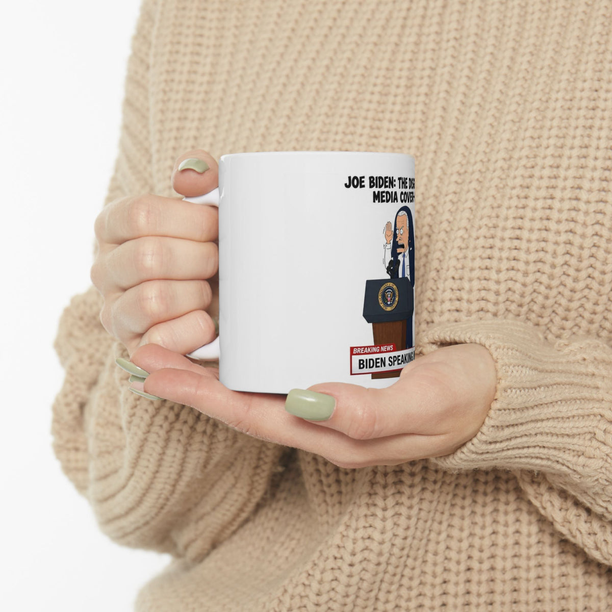 FAKE NEWS BIDEN COVERAGE Funny Political Cartoon Ceramic Mug - 'Biden Speech' Satire
