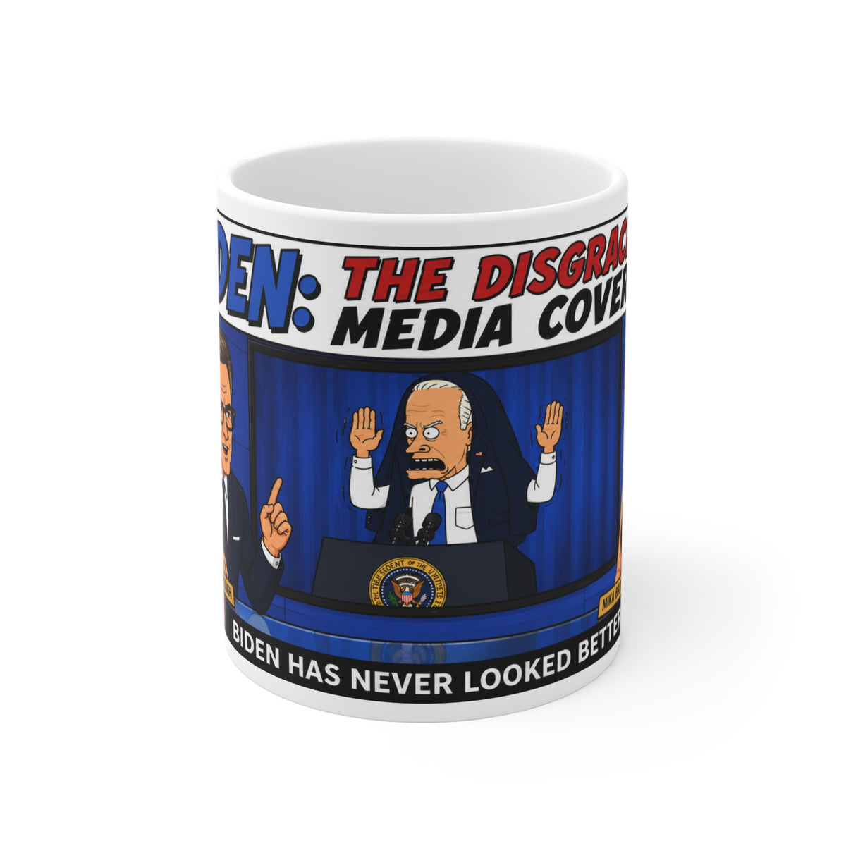 MSDNC MORNING JOE JOKE MUG Political Cartoon Coffee Mug — "Biden: The Disgraceful Media Cover-Up" 11oz