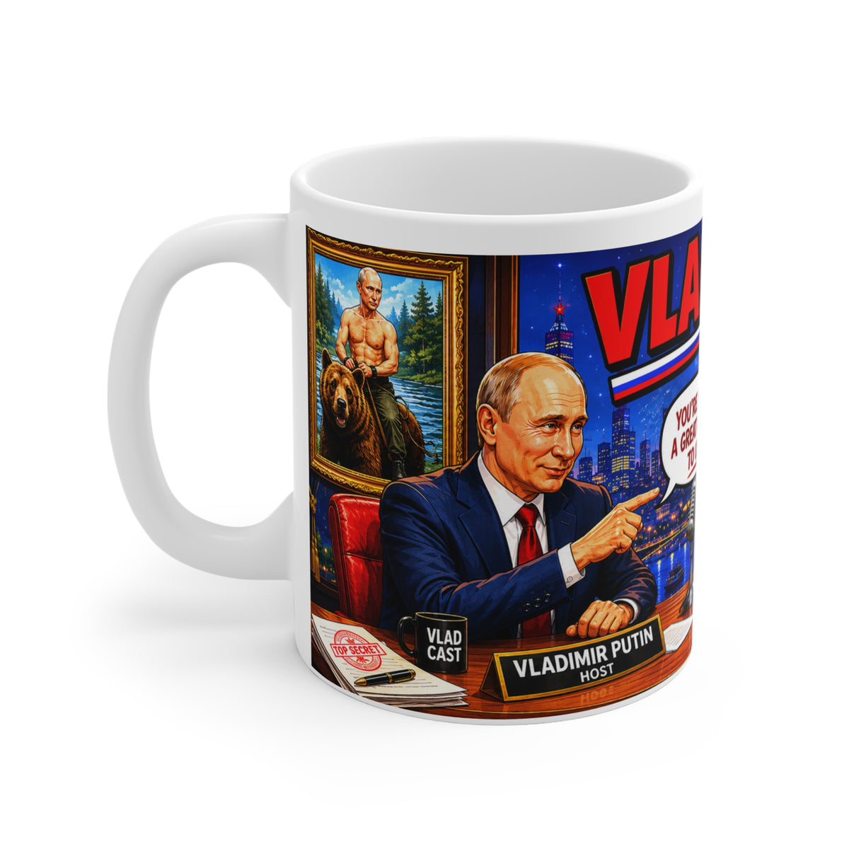 VLAD CAST PUTIN WITH COLBERT JOKE MUG Novelty Political Mug — 'VladCast' Talk Show Design