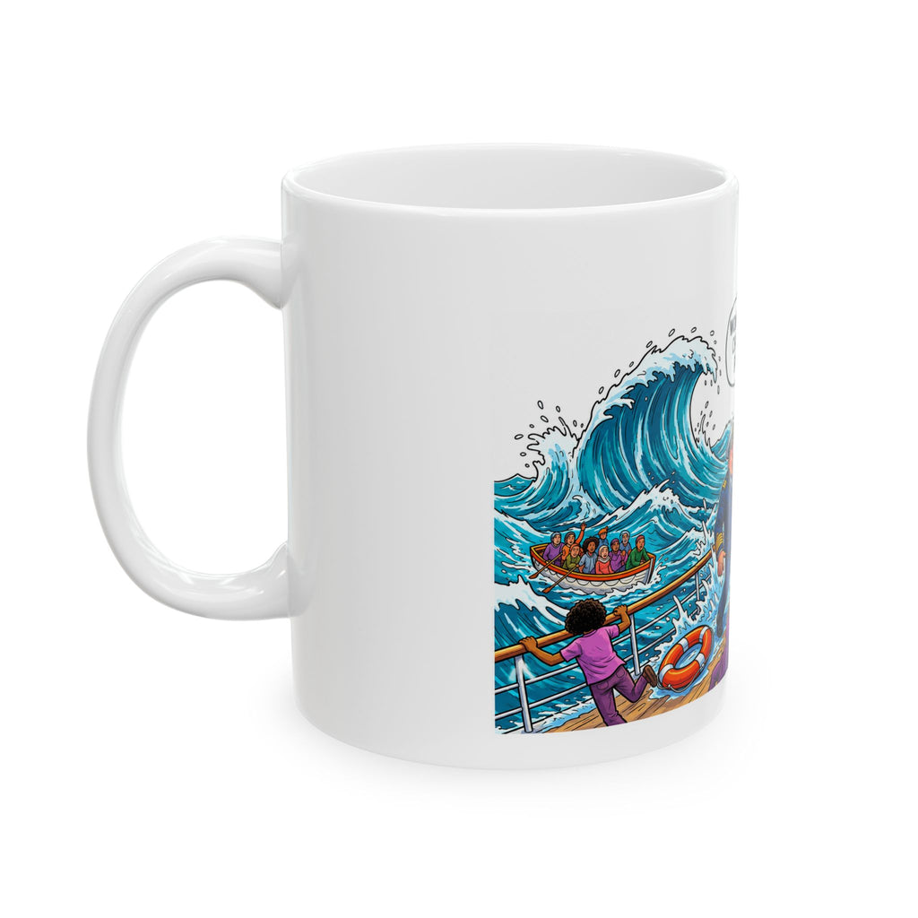 Ceramic Mug  Humorous Women and Children First Im NonBinary Cartoon Rescue Scene Maga Mug