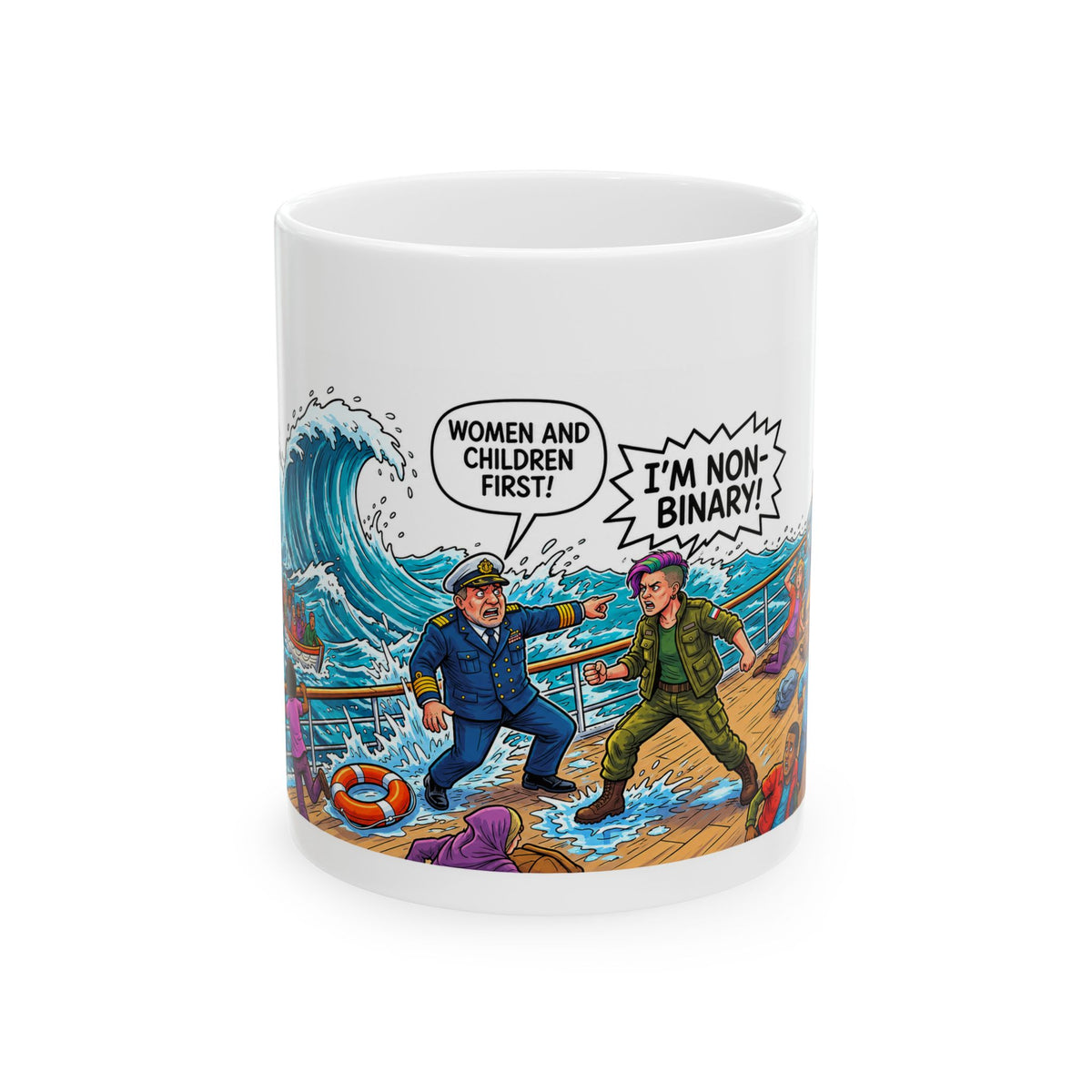 Ceramic Mug  Humorous Women and Children First Im NonBinary Cartoon Rescue Scene Maga Mug