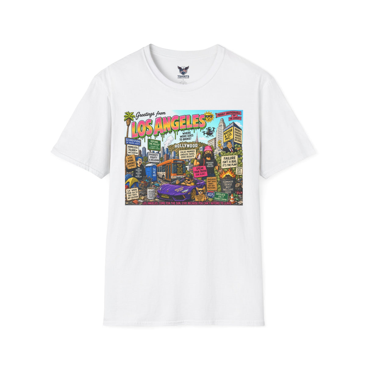 "Trump Patriot Shirt | America First T-Shirt | Conservative Republican Apparel | God Family Country Tee" | Los Angeles Postcard Collage T-Shirt | City Landmarks, Palm Trees, Retro