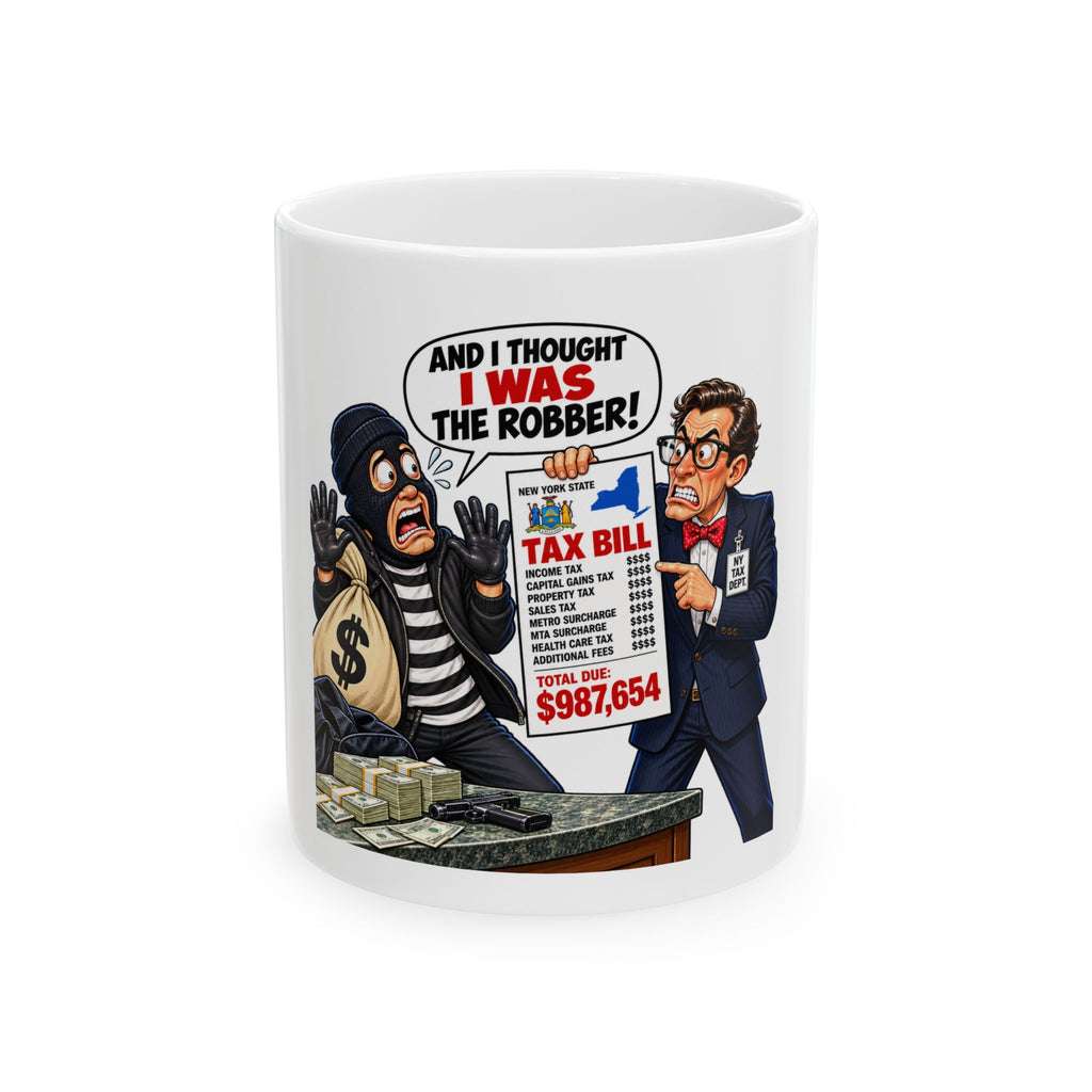 Political Cartoon Ceramic Mug Robber Getting Robbed By New York State — "And I Thought I Was the Robber!" Tax Bill Design (11oz, 15oz)