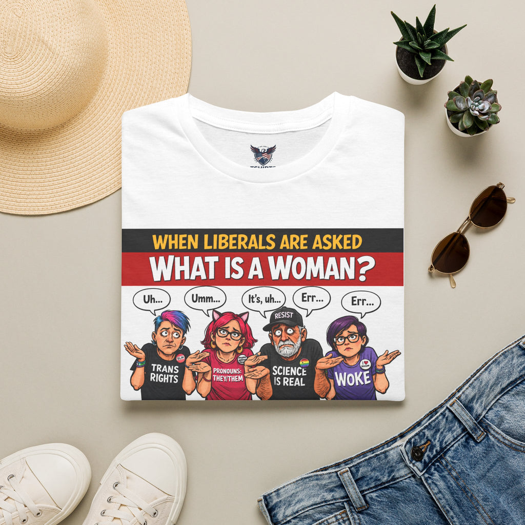 TRUMP CONSERVATIVE MAGA REPUBLICAN What Is A Woman? Cartoon Characters T-Shirt | Political Satire Tee