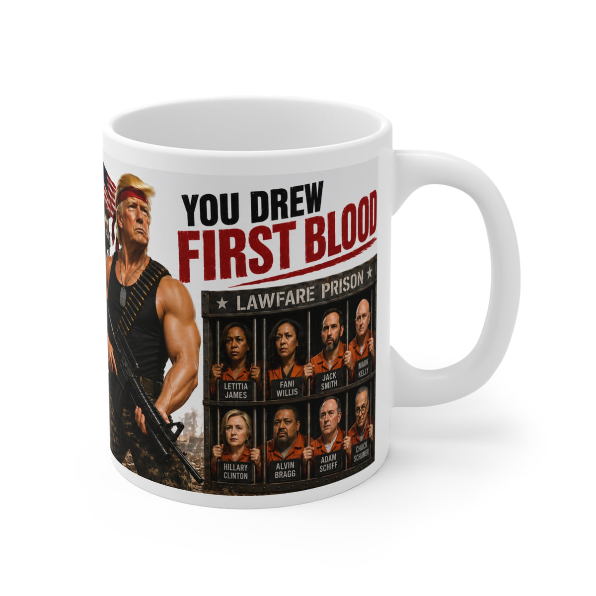 11oz Mug - Patriotic Trump Rambo Satire "You Drew First Blood' Military Cartoon Coffee Cup