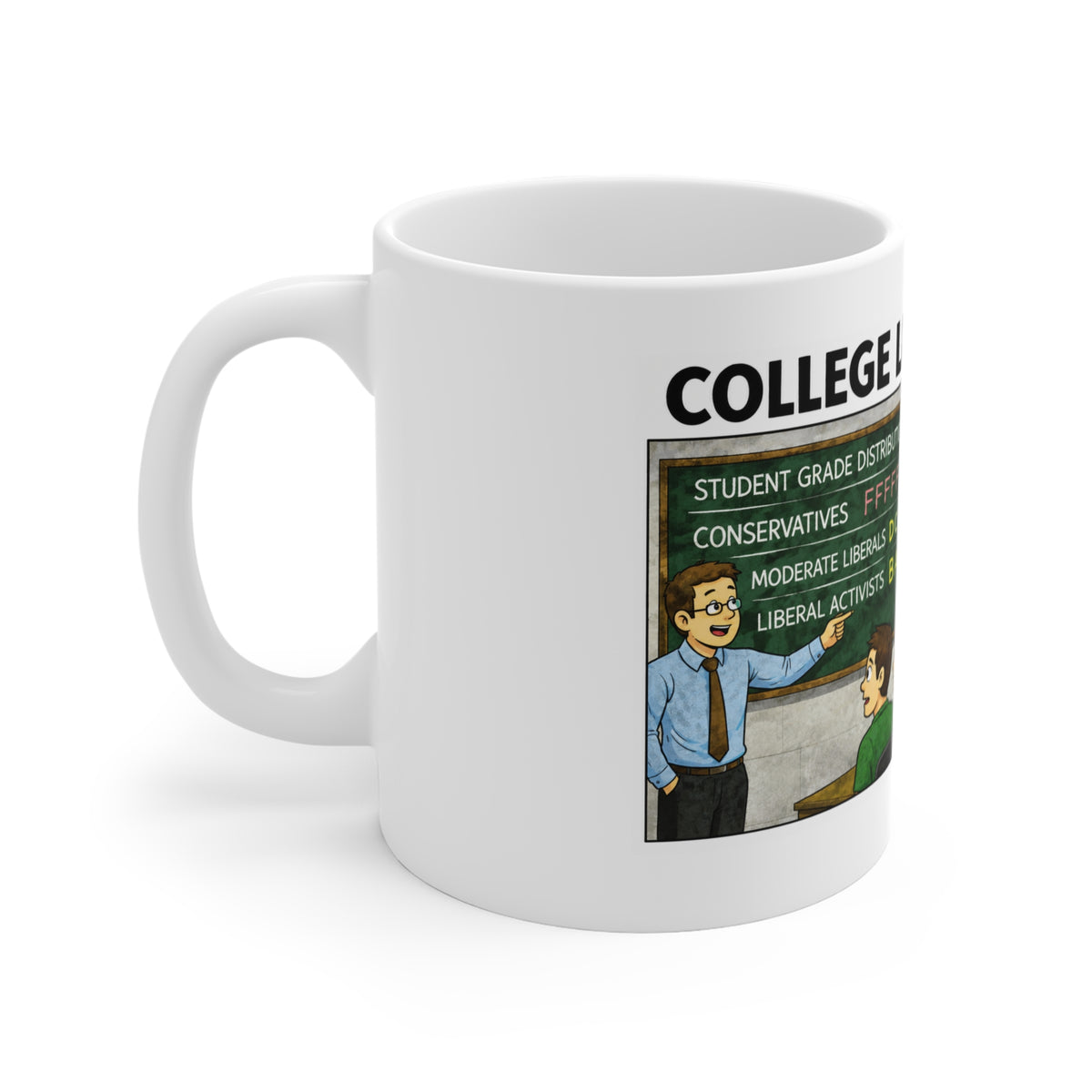 Anti-Woke Campus Satire Ceramic Coffee Mug – Funny Conservative Higher Education Political Cartoon Morning Tea Cup
