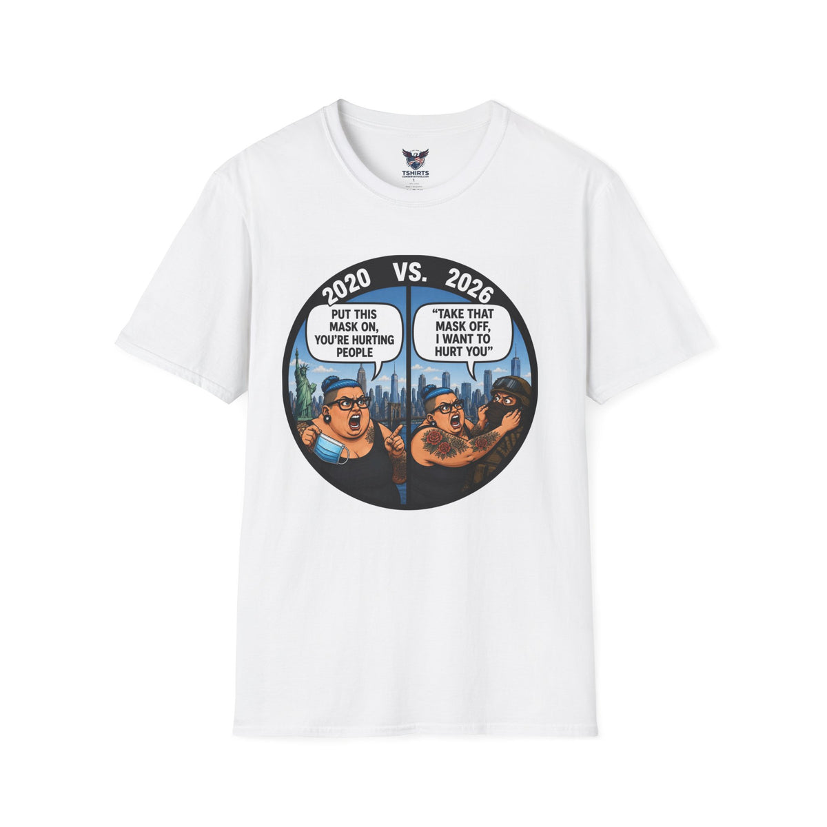 "Trump Patriot Shirt | America First T-Shirt | Conservative Republican Apparel | God Family Country Tee" | anti-woke tshirt | 2020 vs 2026 Mask Debate T-Shirt | Political Cartoon Tee
